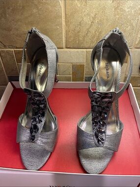 Style & Co. Metallic Silver Jeweled T-Strap Heels